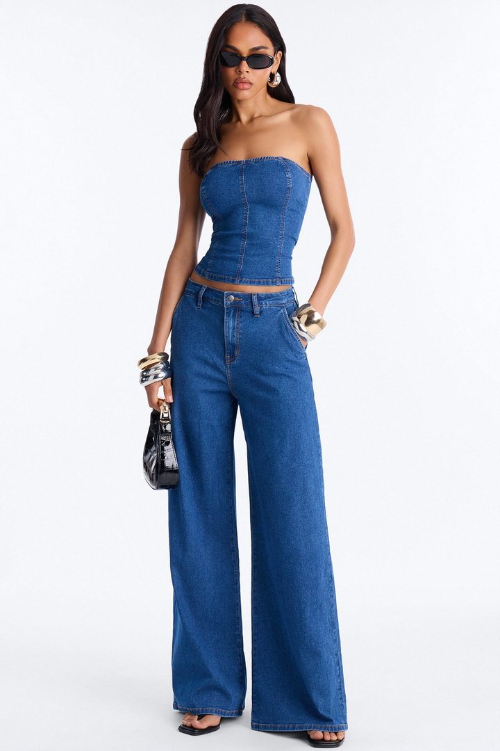 Paige Strapless Denim Pant Set - Dark Wash