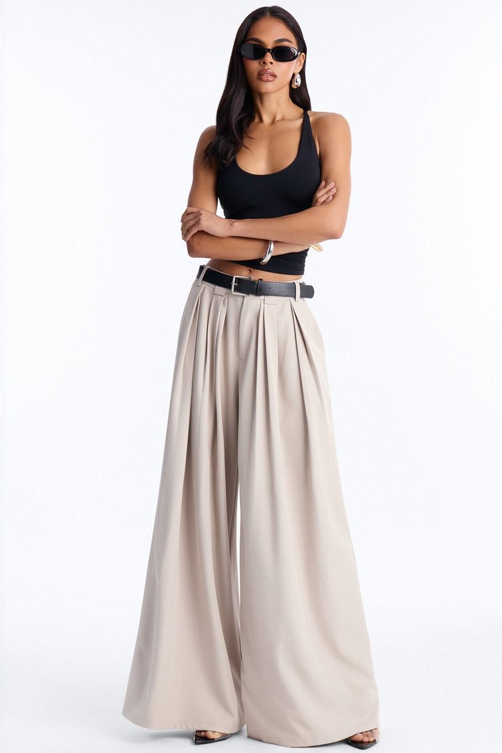 No Brainer Belted Wide Leg Pleated Pant - Stone
