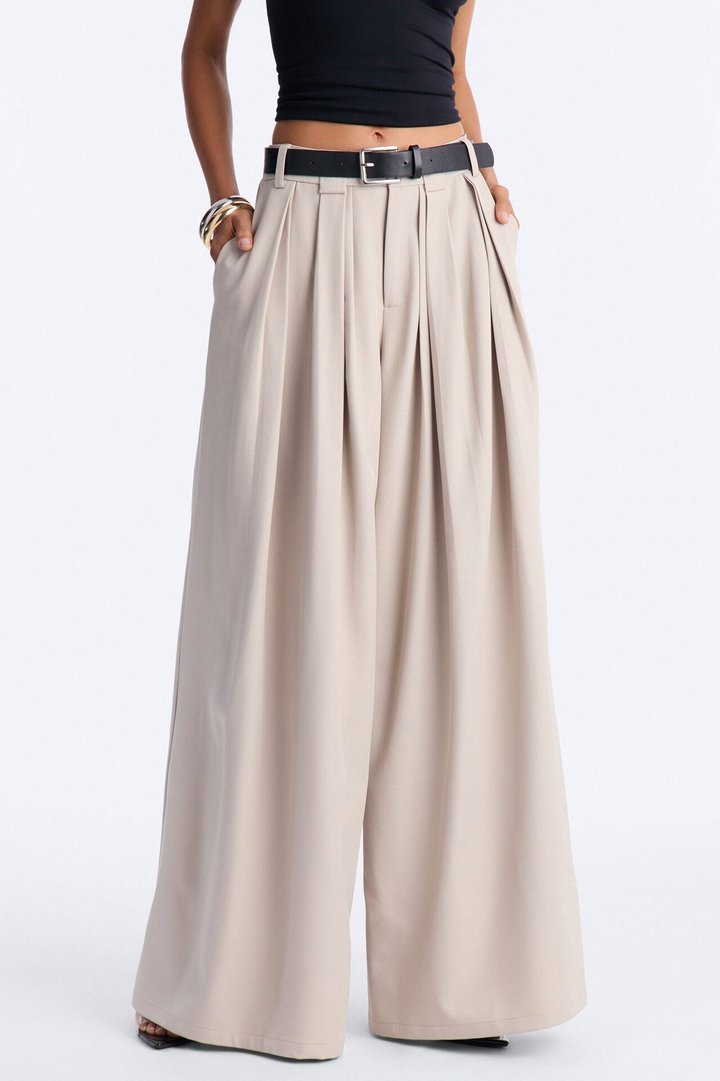 No Brainer Belted Wide Leg Pleated Pant - Stone