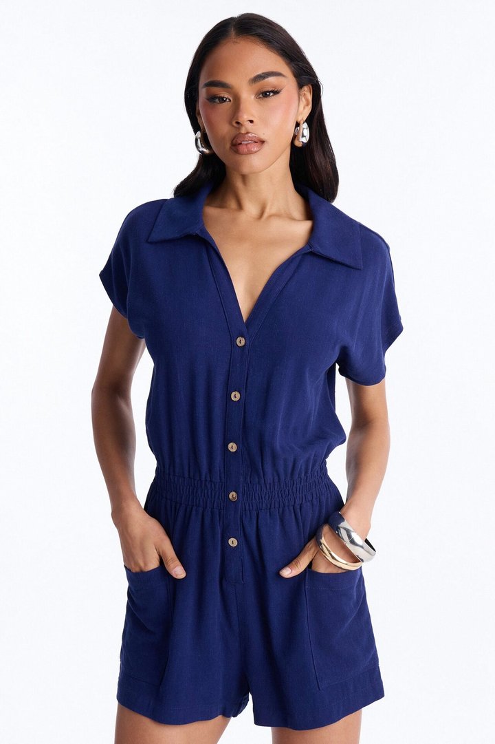 Caroline Button Up Linen Romper - Navy