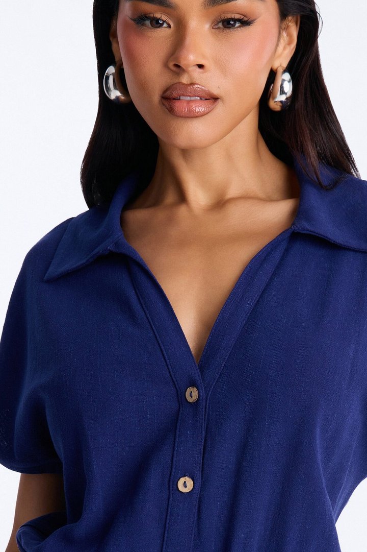 Caroline Button Up Linen Romper - Navy