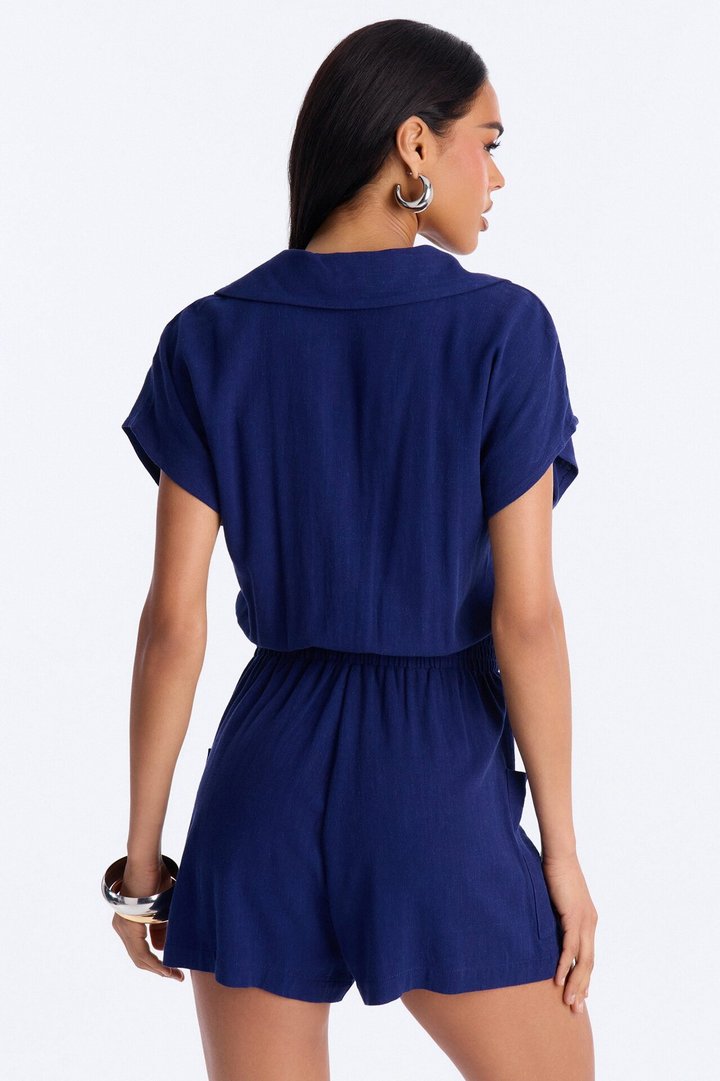Caroline Button Up Linen Romper - Navy