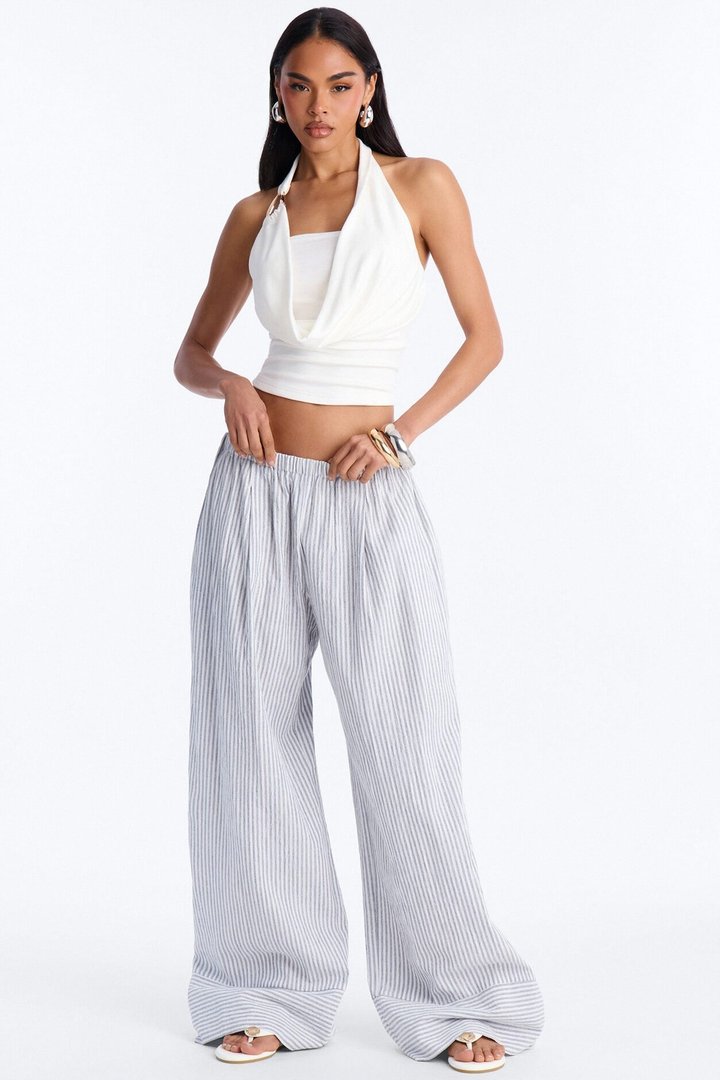 Amira Low Rise Linen Wide Leg Pant 32″ - Blue/combo