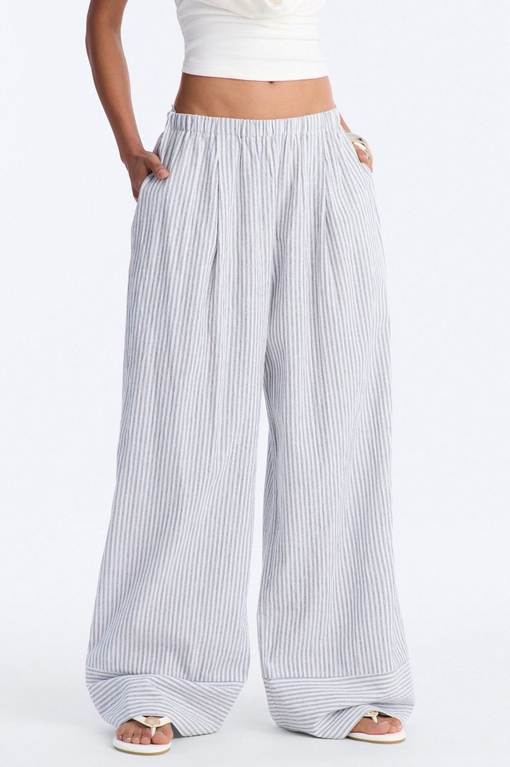 Amira Low Rise Linen Wide Leg Pant 32″ - Blue/combo