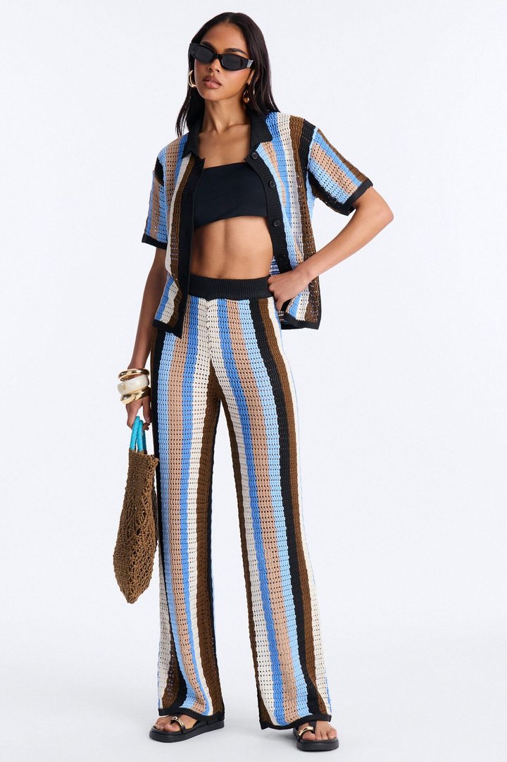 Lisa Crochet Wide Leg Pant Set - Blue/combo