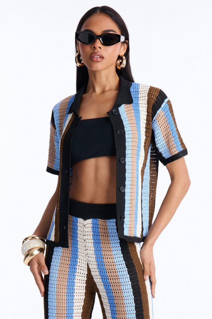 Lisa Crochet Wide Leg Pant Set - Blue/combo
