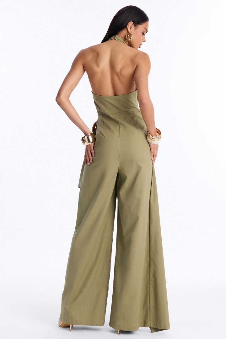 Tara Linen Halter Straight Leg Jumpsuit - Olive