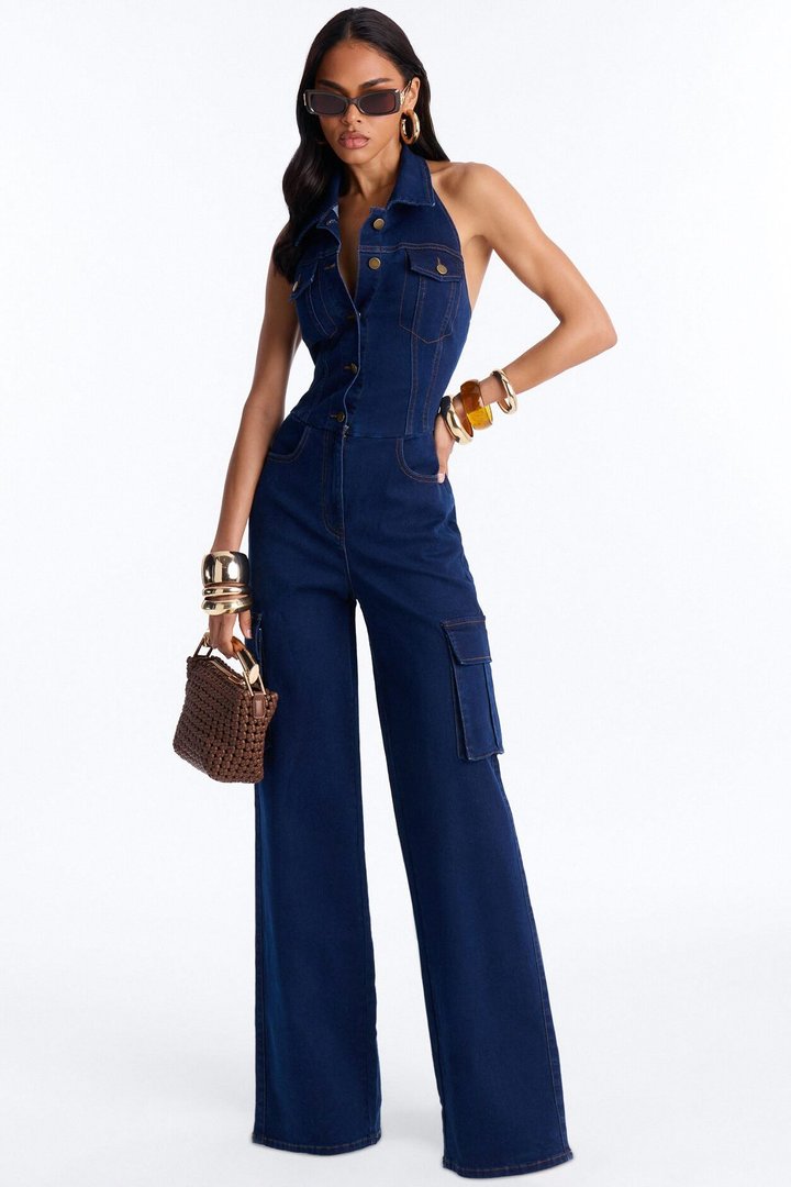 Jaime Denim Cargo Wide Leg Jumpsuit - Dark Wash