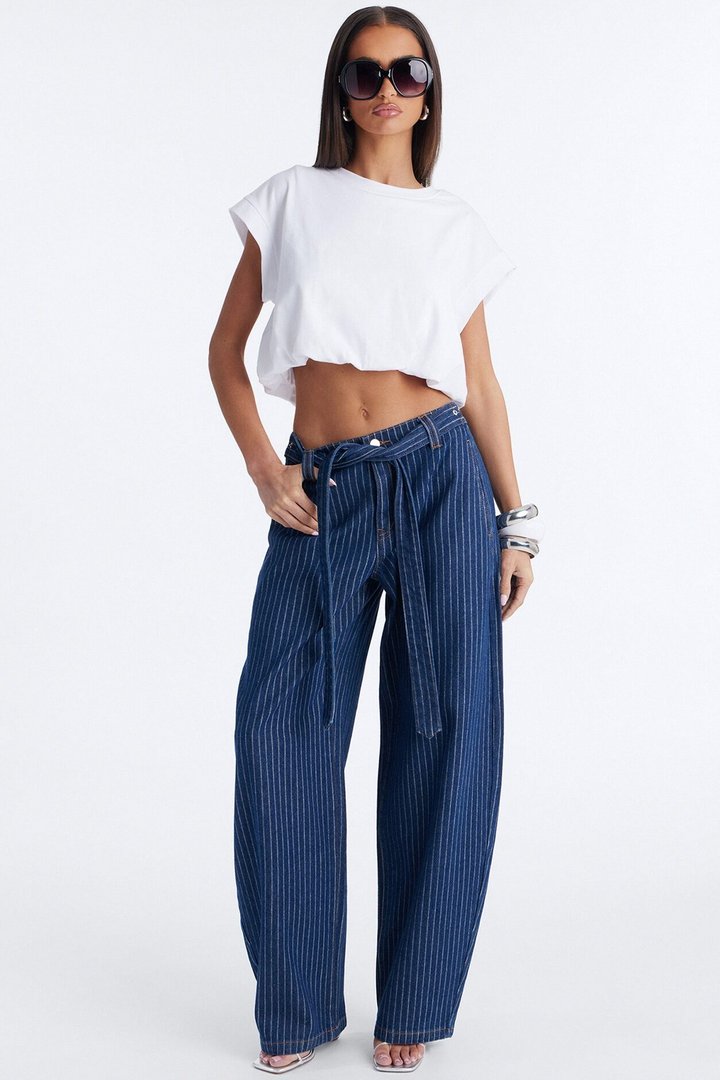 Up The Road Pinstripe Belted Jeans - Dark Wash