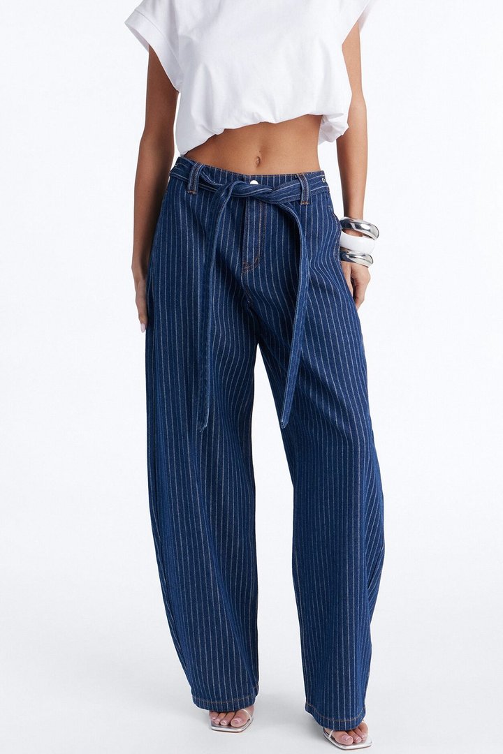 Up The Road Pinstripe Belted Jeans - Dark Wash
