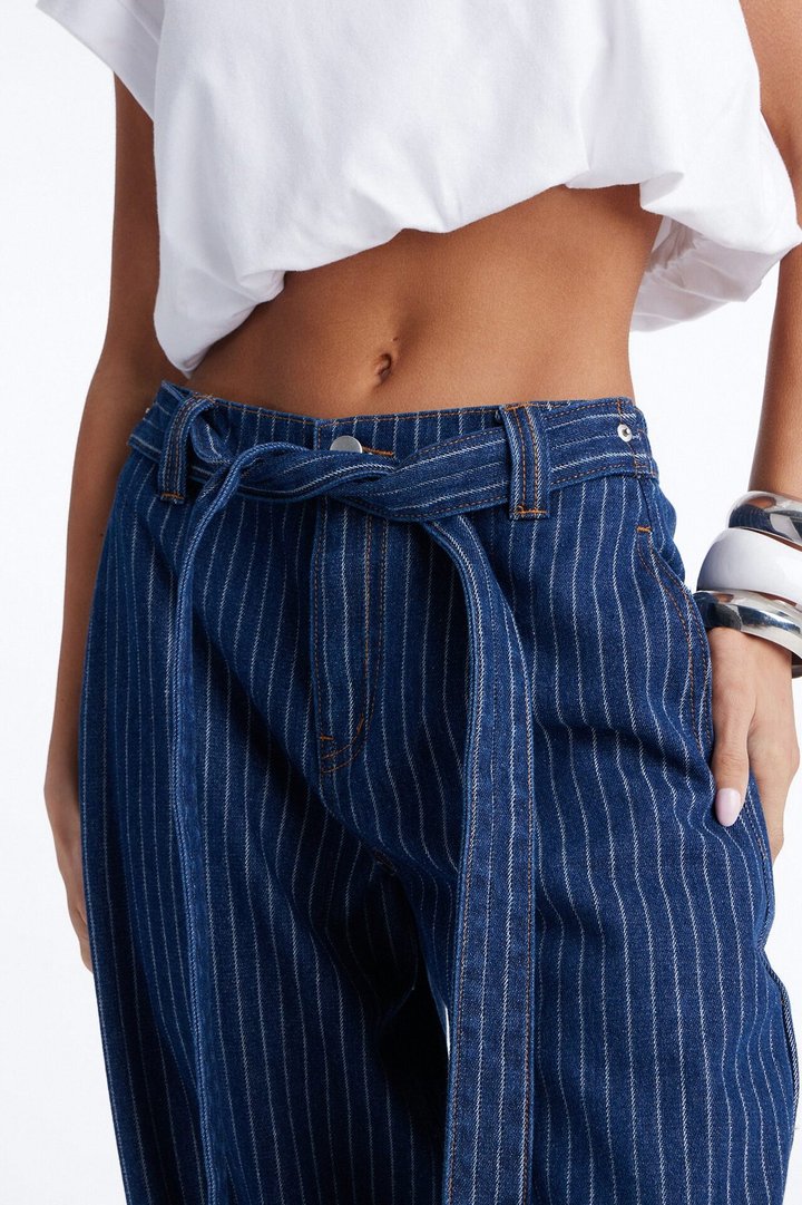 Up The Road Pinstripe Belted Jeans - Dark Wash