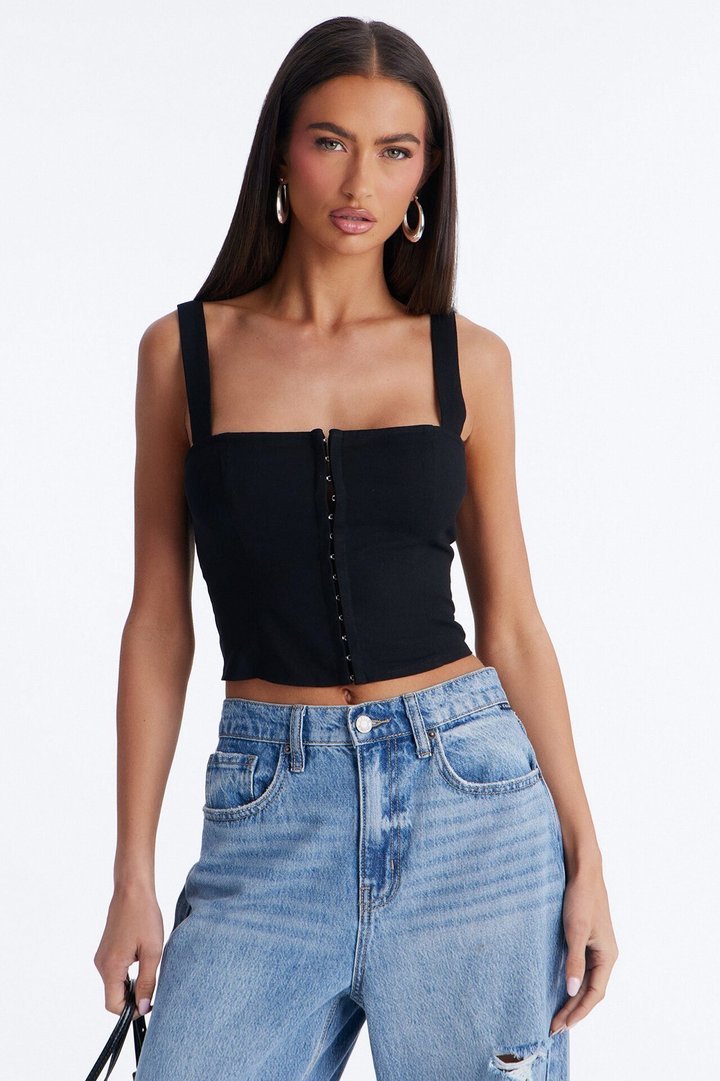 Tan Lines Smocked Linen Top - Black