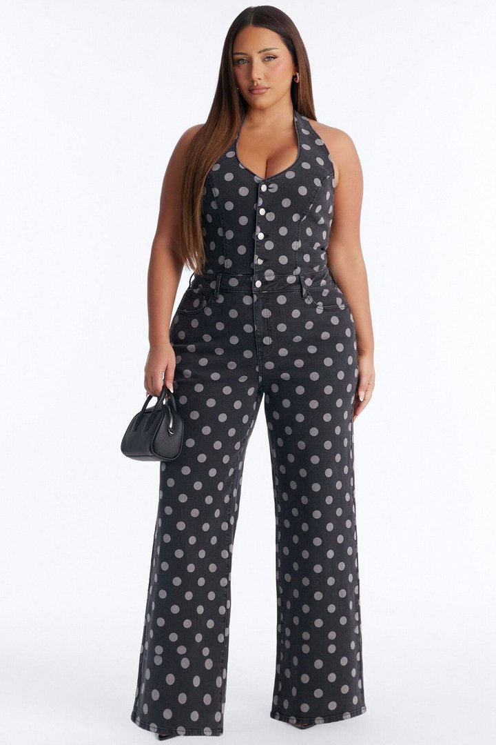 Deena Denim Polka Dot Jumpsuit - Charcoal