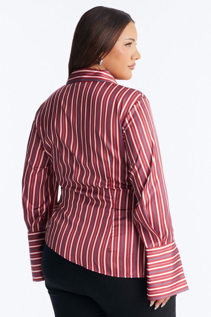 Office Cool Asymmetrical Striped Satin Shirt - Red/combo