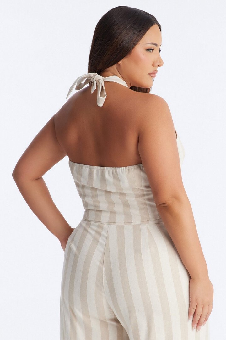 Cruise Attire Striped Linen Halter Top - Taupe/combo