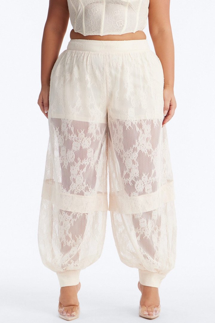 Queen Bee Mid Rise Lacey Jogger Pant - Ivory