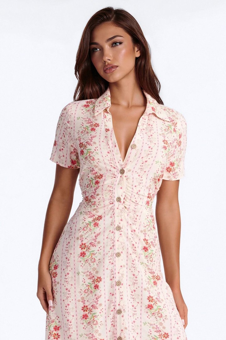 Selene Ruched Floral Midi Shirt Dress - Pink/combo