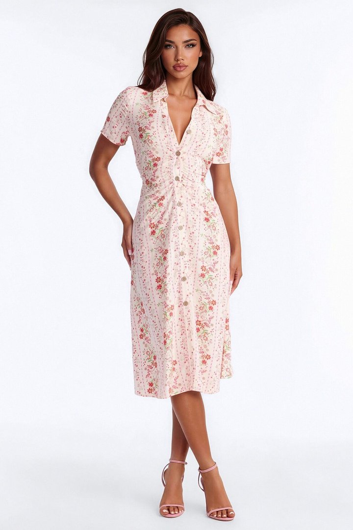 Selene Ruched Floral Midi Shirt Dress - Pink/combo