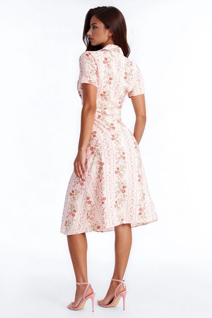 Selene Ruched Floral Midi Shirt Dress - Pink/combo