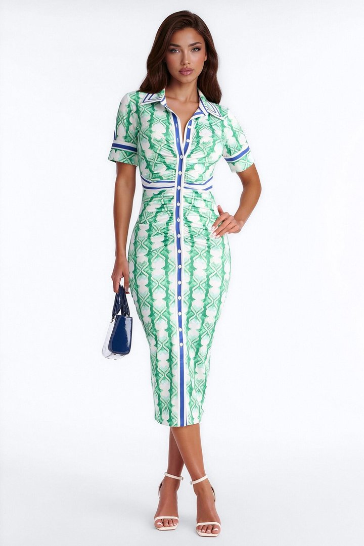 Camila Ruched Printed Midi Dress - Green/combo