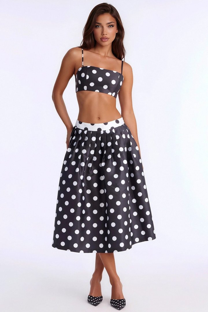 Marielle Pleated Polka Dot Midi Skirt - Black/White