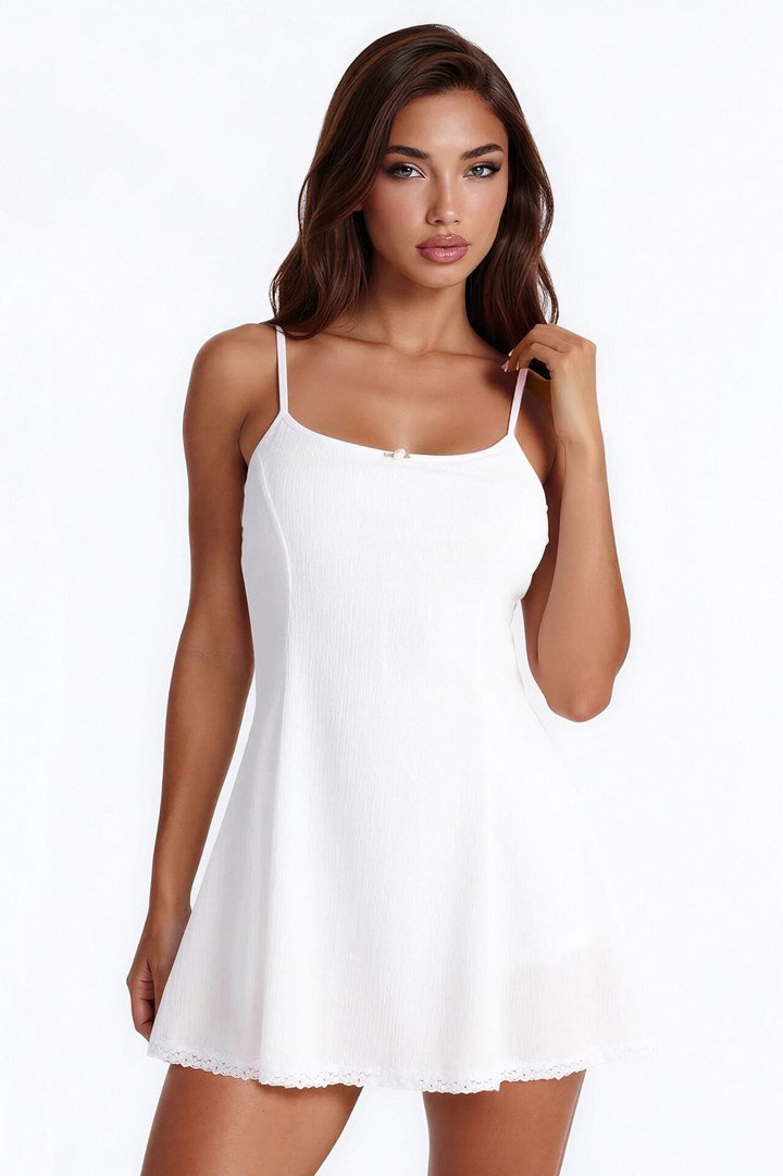 Rachel Lace Trim Textured Mini Dress - Off White