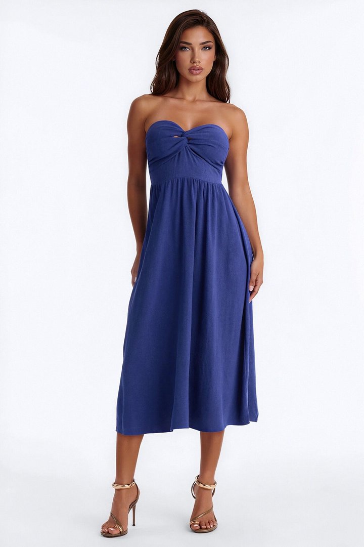 Marilyn Strapless Twist Midi Dress - Navy