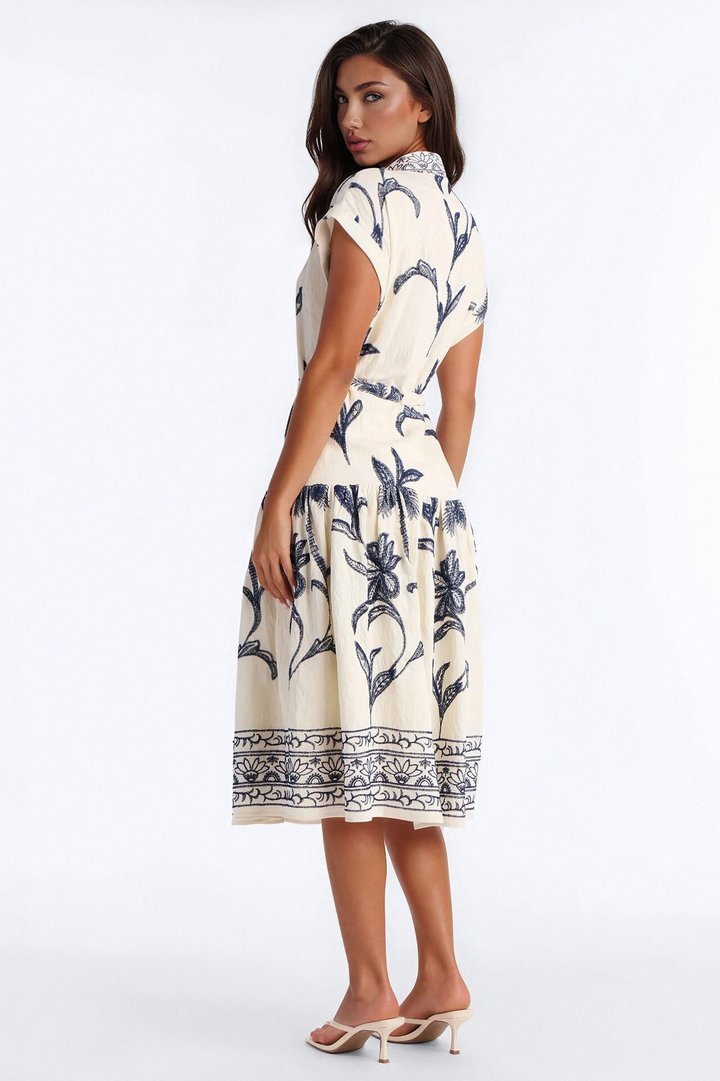 Maria Embroidered Midi Dress - White/Blue