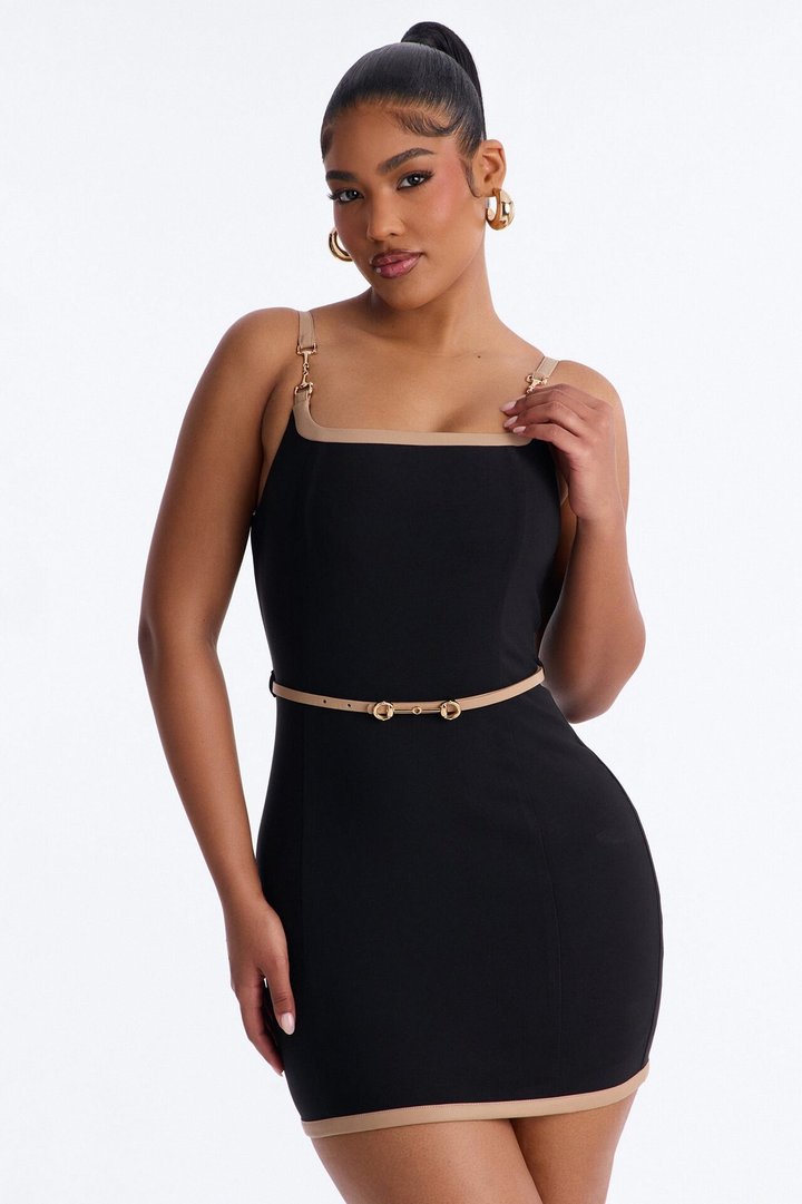 Iris Contrast Belted Mini Dress - Black/combo