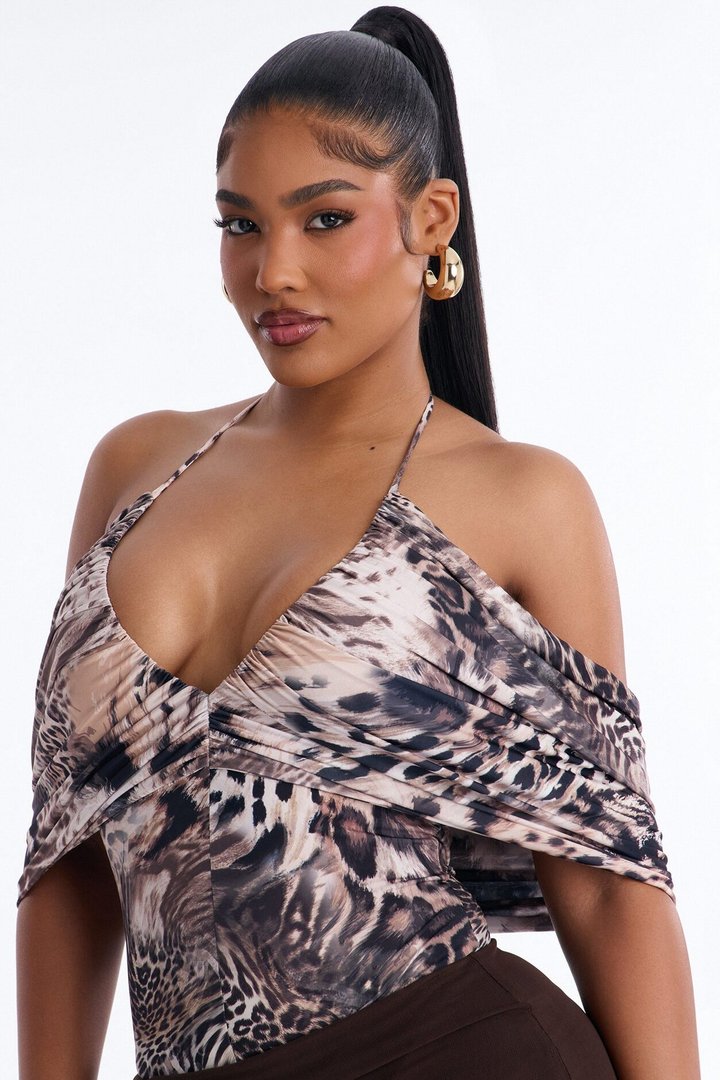 Savanna Ruched Short Sleeve Cape Bodysuit - Brown/combo