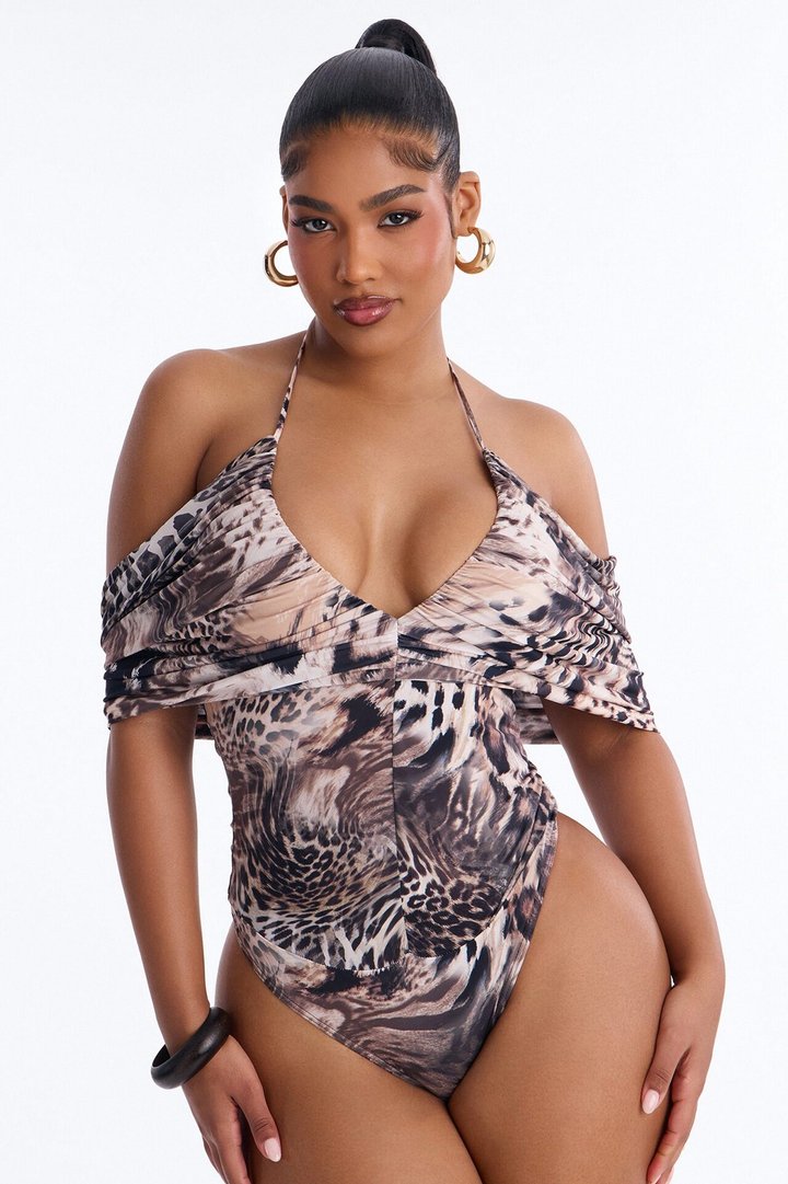 Savanna Ruched Short Sleeve Cape Bodysuit - Brown/combo