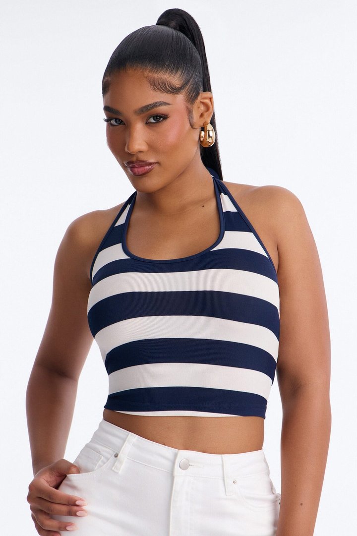 Harbor Babe Striped Scoop Neck Halter Top - Navy/combo