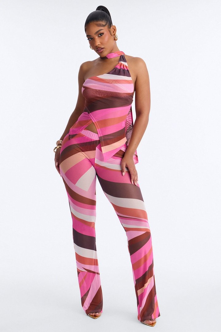 Love Affair Scarf Neck Mesh Pant Set - Pink/combo