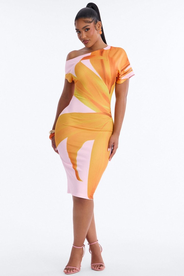 Gardenia One Shoulder Floral Midi Dress - Orange/combo