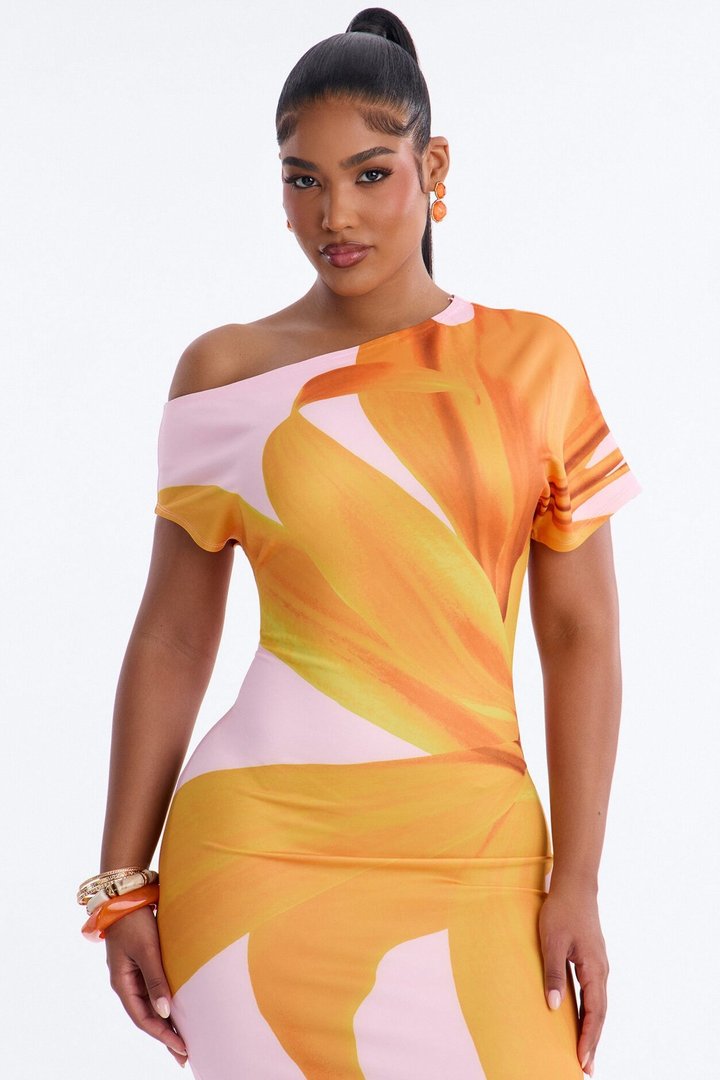 Gardenia One Shoulder Floral Midi Dress - Orange/combo