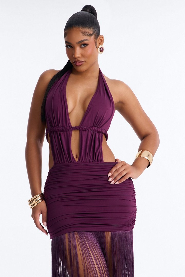 Yvette Backless Fringe Maxi Dress - Plum