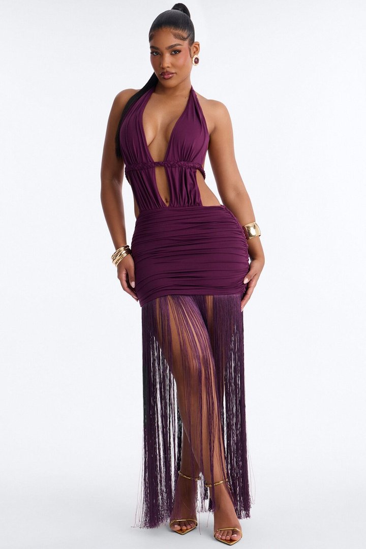 Yvette Backless Fringe Maxi Dress - Plum