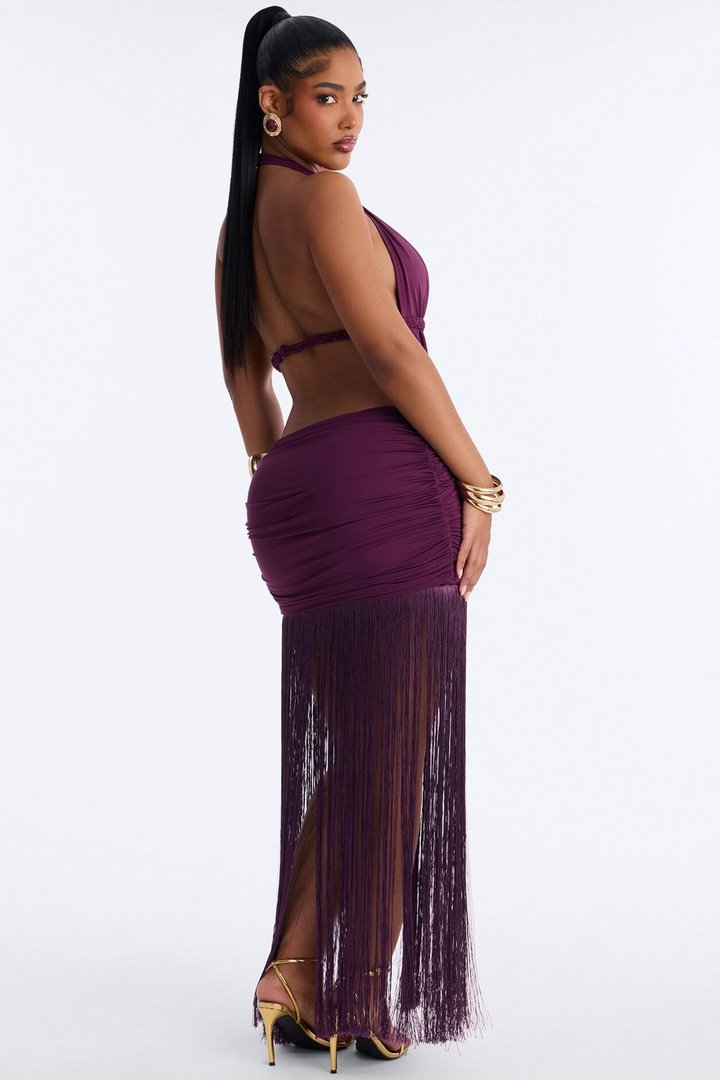 Yvette Backless Fringe Maxi Dress - Plum