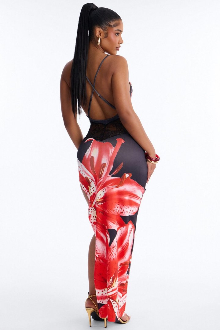 Fatal Floral Cowl Neck Maxi Dress - Red/combo