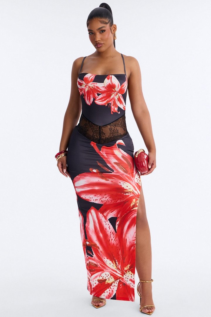 Fatal Floral Cowl Neck Maxi Dress - Red/combo