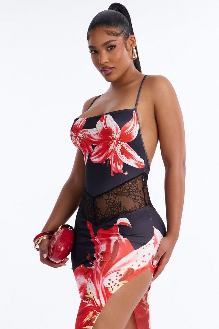 Fatal Floral Cowl Neck Maxi Dress - Red/combo