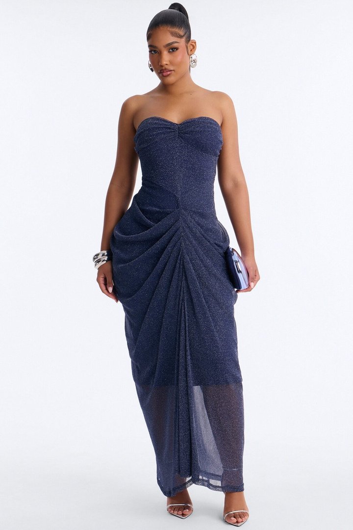 Be My Guest Draped Metallic Gown - Navy