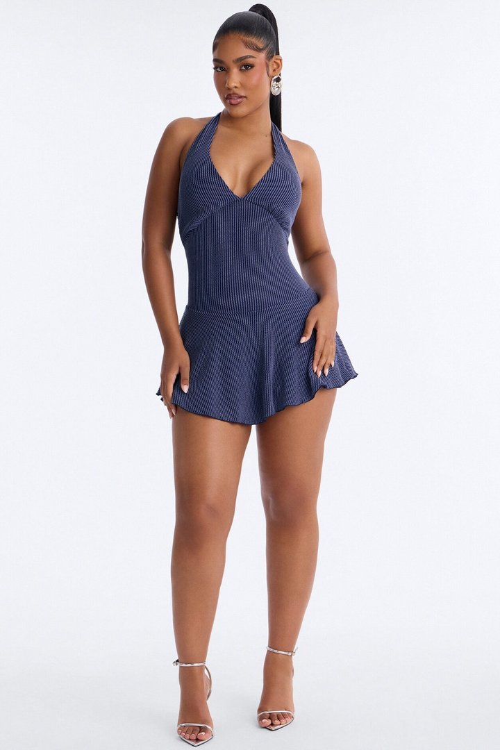 Kamryn Halter Ribbed Mini Dress - Denim