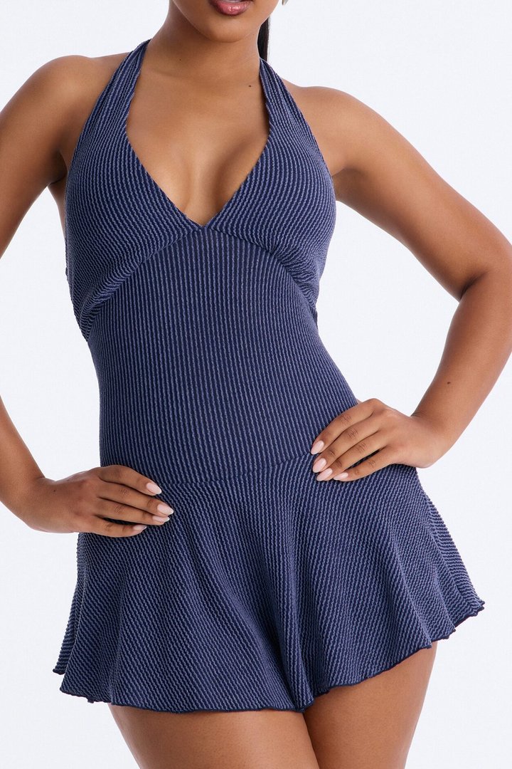 Kamryn Halter Ribbed Mini Dress - Denim