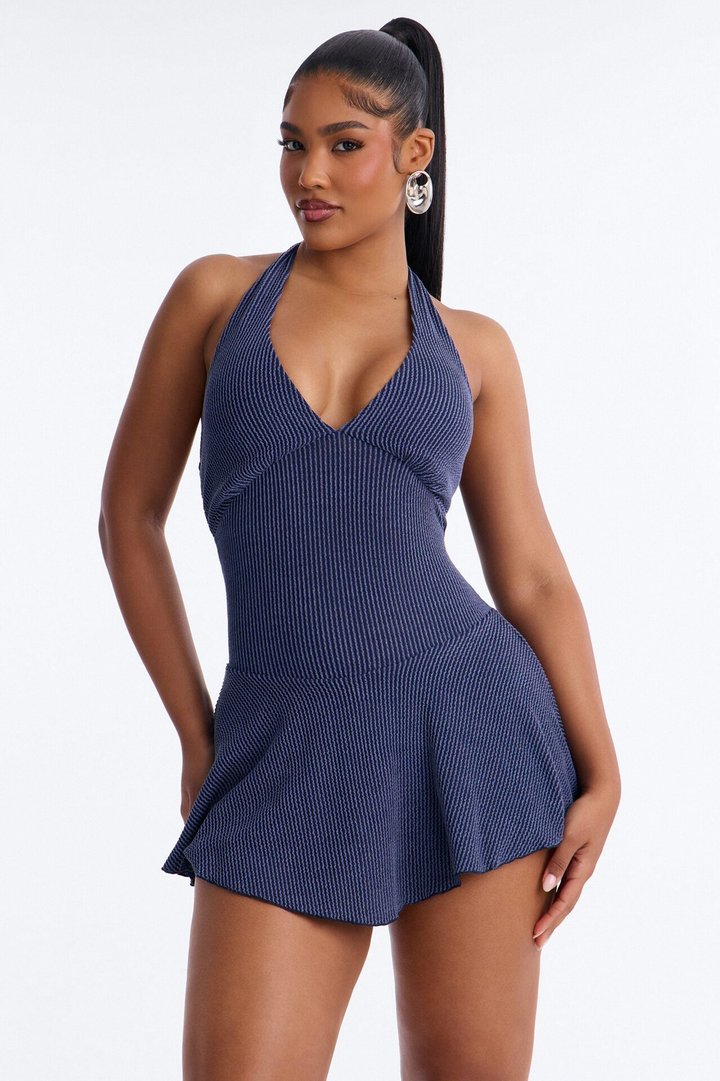 Kamryn Halter Ribbed Mini Dress - Denim