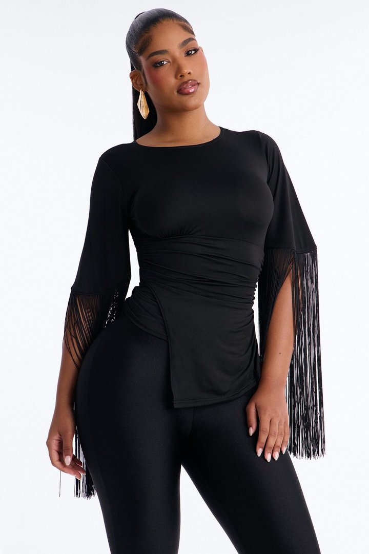 Gia Fringe Trim Short Sleeve Top - Black