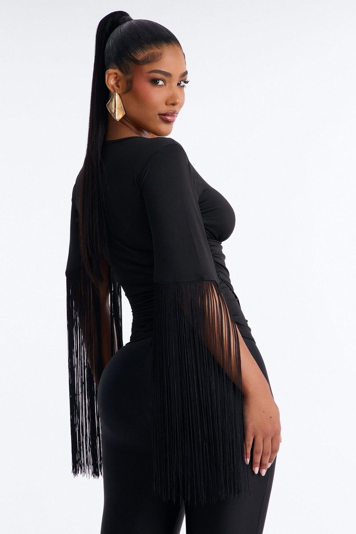 Gia Fringe Trim Short Sleeve Top - Black