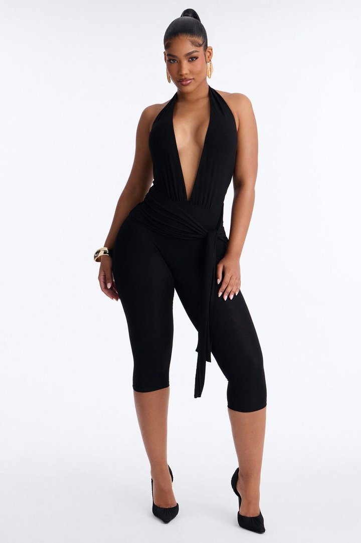 Karla Plunge Capri Catsuit - Black