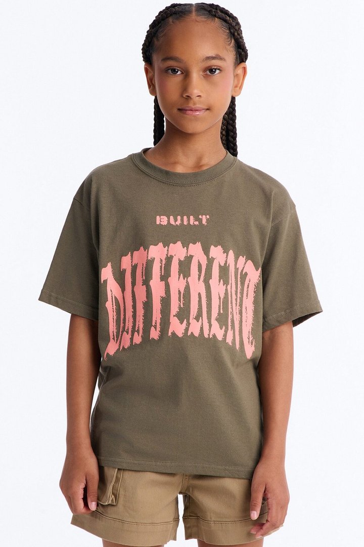 Mini She's Built Different Short Sleeve Tee - Olive