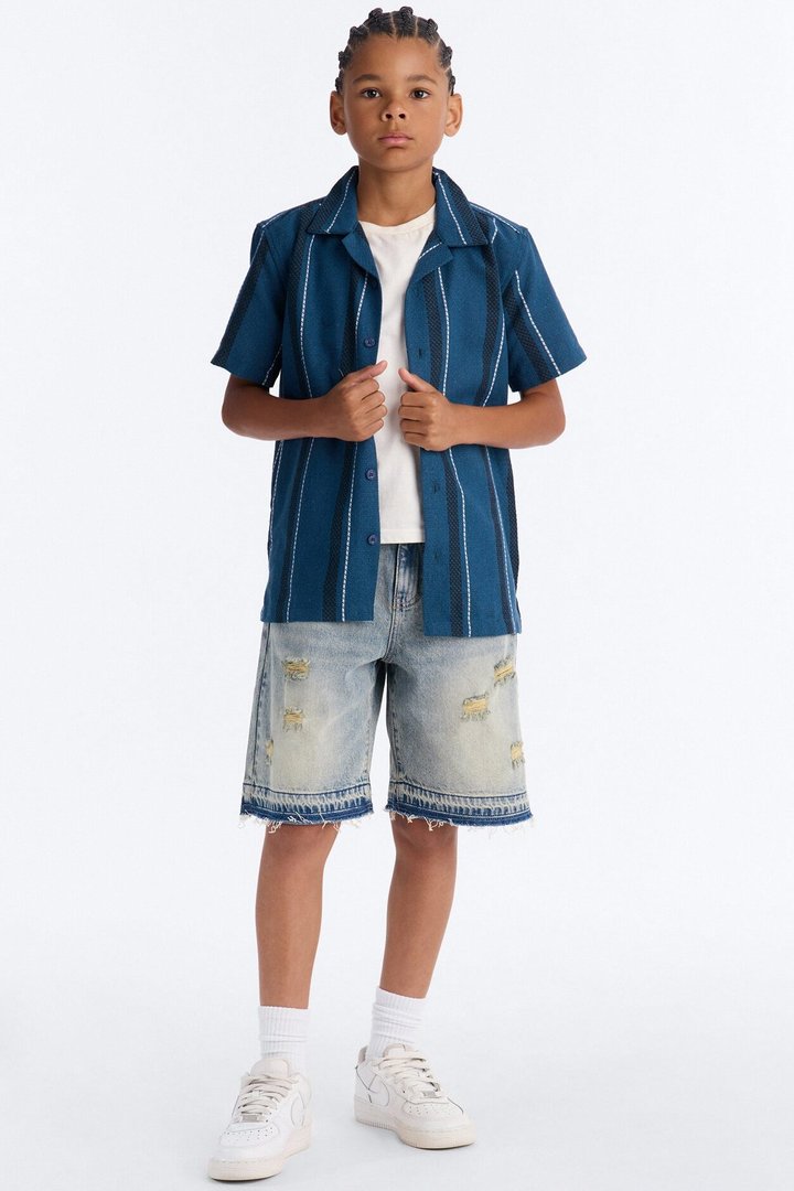 Mini Switching Up Striped Button Down Shirt - Teal